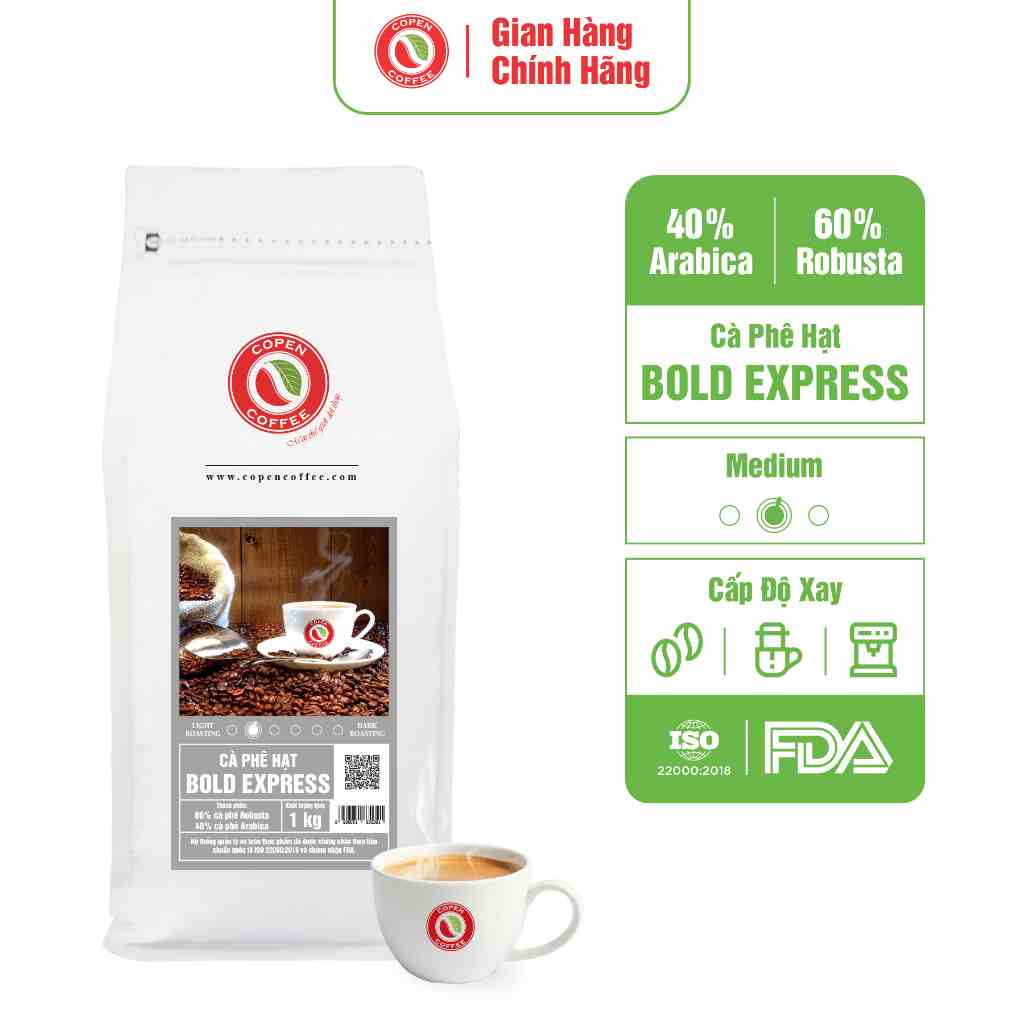 Cà phê hạt rang nguyên chất Bold Express - Copen Coffee - pha phin, pha máy espresso, đắng vừa, chua nhẹ - Gói 1kg