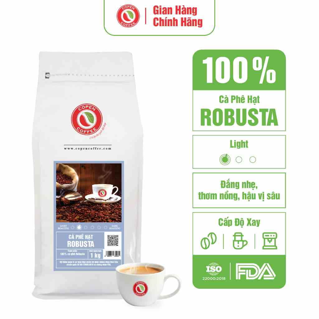 Cà phê hạt Robusta rang mộc nguyên chất - Copen Coffee - Dành cho Pha máy Espresso - Vị Đậm đà, Hậu Vị Sâu - Gói 1KG