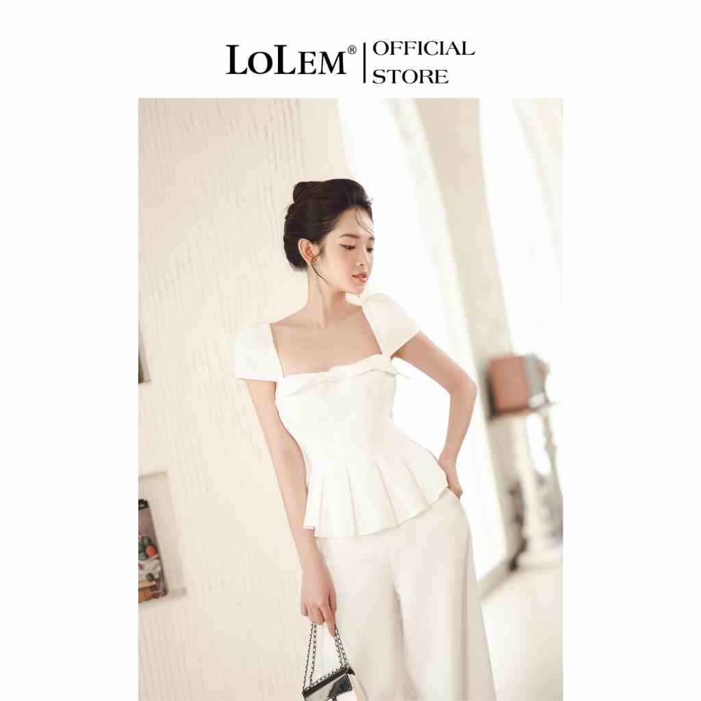 Áo peplum cổ vuông LOLEM AK1360 xếp ly xòe chất linen cotton thoáng mát