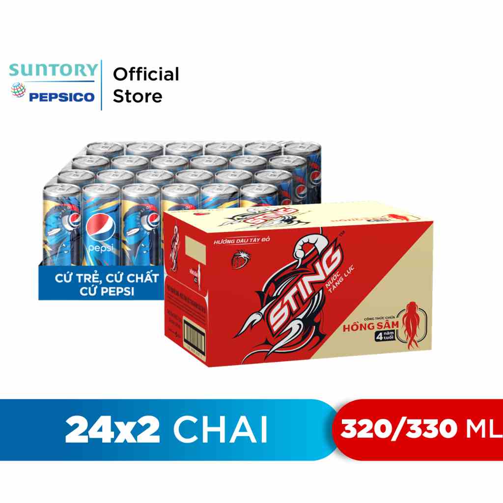 [HỎA TỐC-HN&ĐN&HCM]Combo 1 Thùng 24 Chai Sting Dâu và 1 Thùng 24 Lon Pepsi (330ml/chai và 320ml/lon)