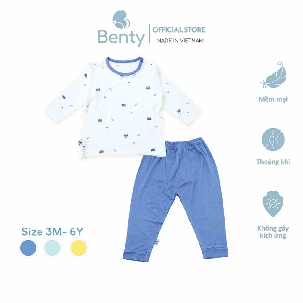 Bộ dài cài vai họa tiết BENTY cotton co giãn 4 chiều mềm mịn mát, đồ bộ trẻ em cao cấp chính hãng