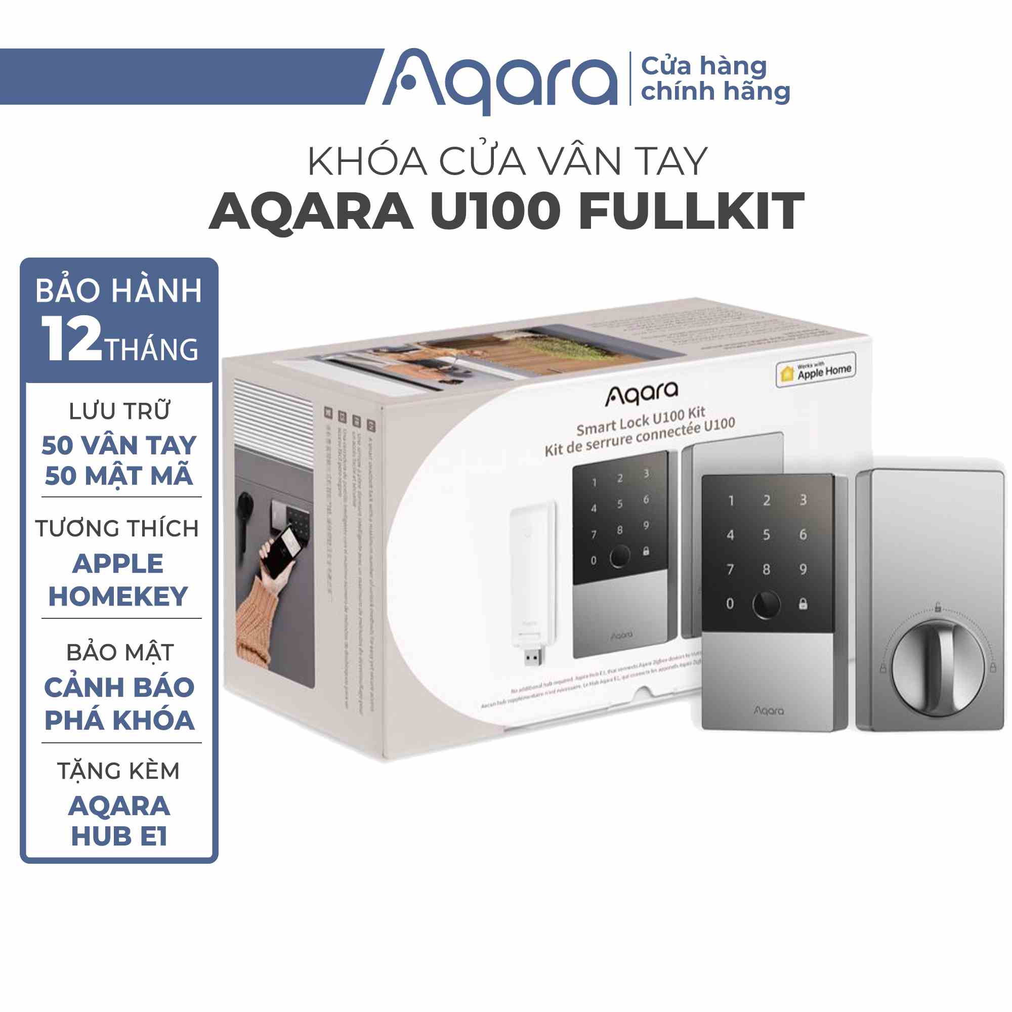 Khóa cửa thông minh Aqara U100 - Tặng kèm Hub E1, Tích hợp vân tay, hỗ trợ HomeKey, Lưu trữ 50 User, BH 12 Tháng