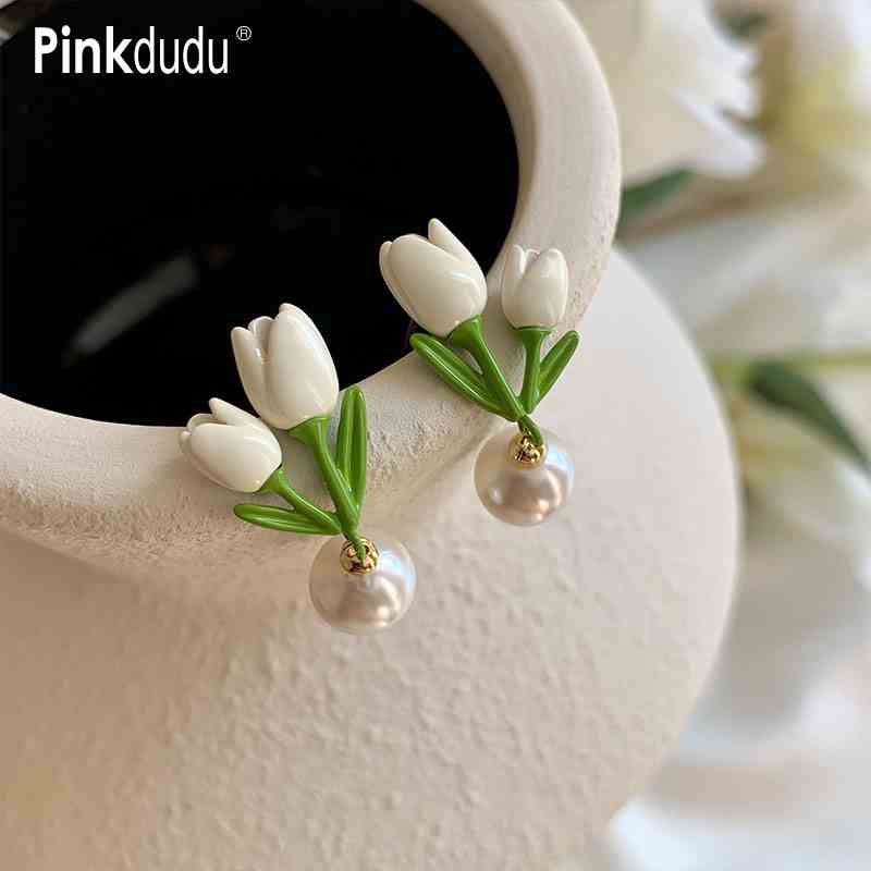 Bông Tai Bằng Hợp Kim Hình Hoa Tulip Đính Ngọc Trai Nhân Tạo Thời Trang Cho Nữ PD1204