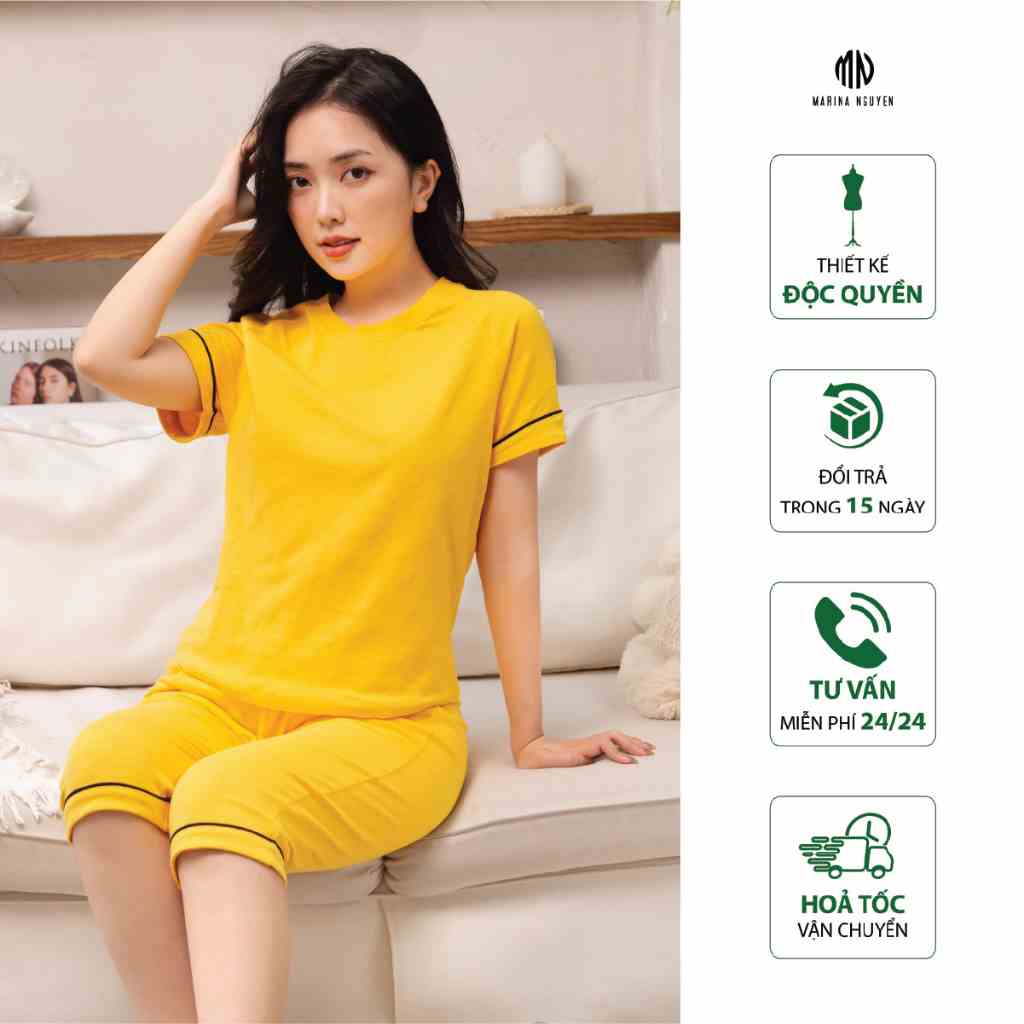 Đồ Bộ Nữ MARINA NGUYỄN, Cổ tròn, Tay Ngắn, Vải Cotton xước, Thoáng Mát 423-001