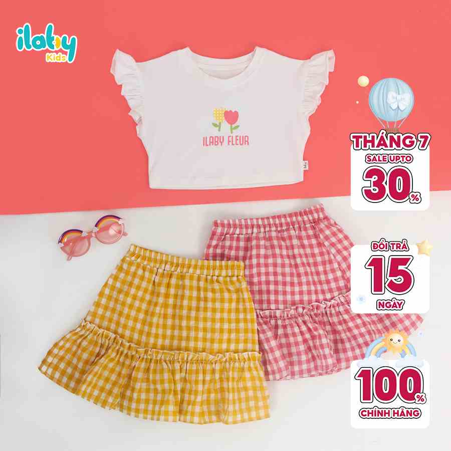 Set váy bé gái ILABY áo croptop chất liệu cotton kết hợp chân váy thô kẻ cho bé 10-35kg (ÁO + CHÂN VÁY) [50IG1782F3DL]