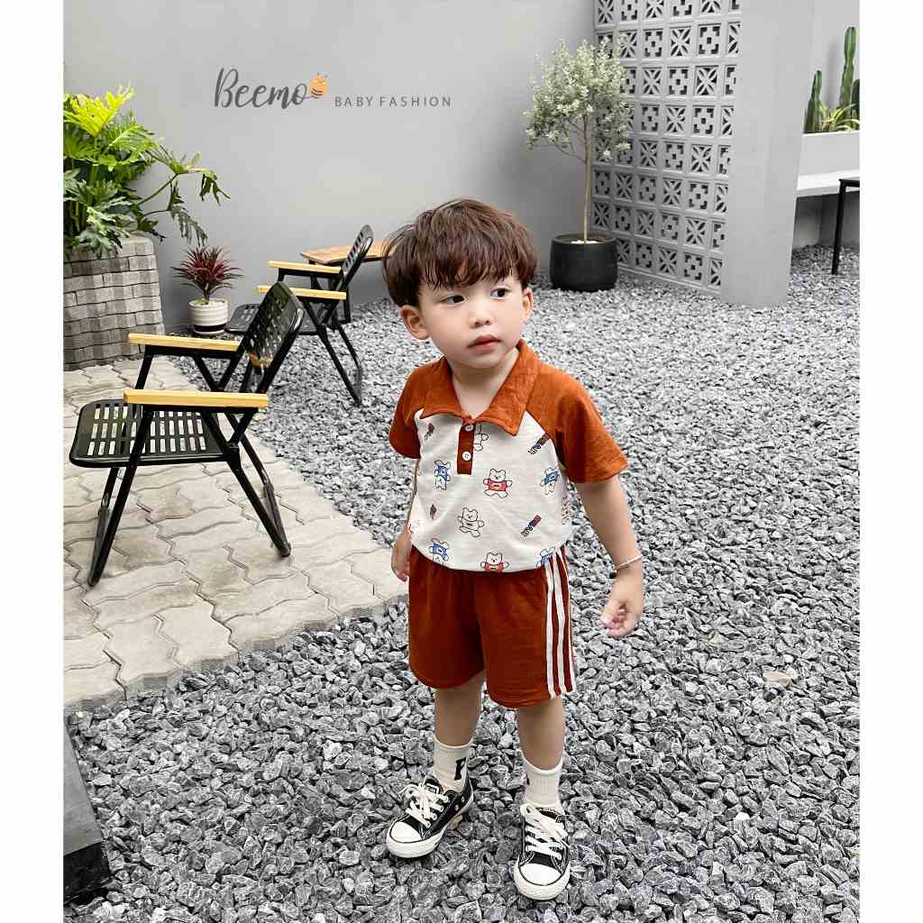 Set bộ quần áo cho bé Beemo cổ polo phối tay raglan in hình gấu vải cotton xược thoáng mát từ 1 - 7 tuổi 23250B