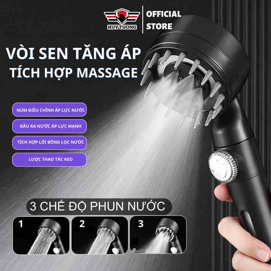 Vòi sen tăng áp tích hợp massage 3 trong 1, 3 chế độ điều chỉnh nước tích hợp bàn chải mát xa lõi lọc cotton - Huy Tưởng