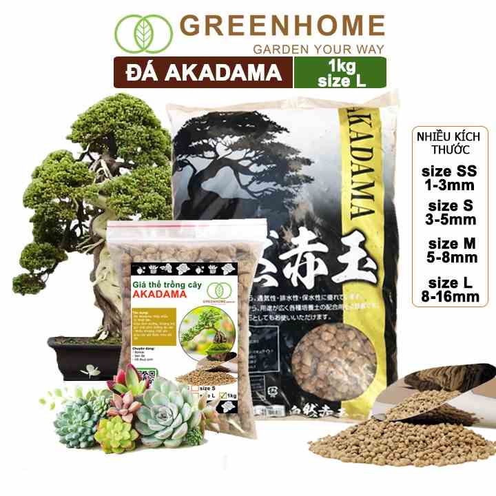 Đất akadama Greenhome, bao 1kg, giá thể bonsai, sen đá, phân nền thủy sinh, bonsai nhiều size lựa chọn