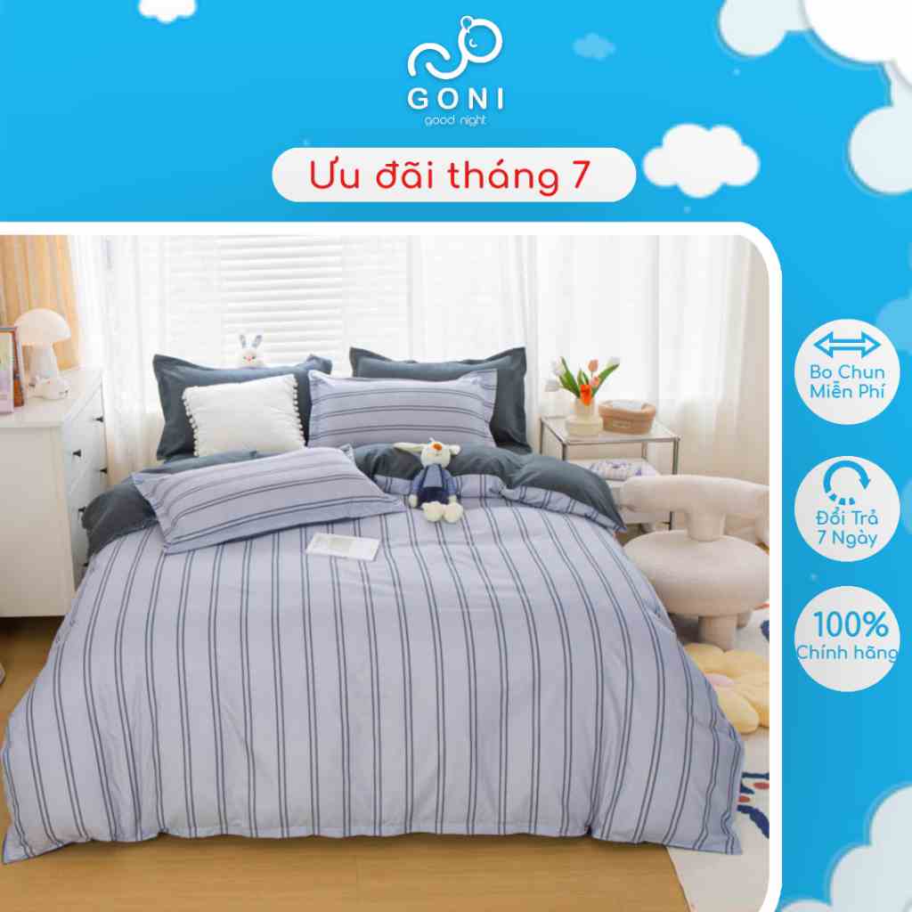 Bộ Chăn Ga Gối GONI Cotton Tici Hoạ Tiết Kẻ Xanh Khói Vintage Đủ Kích Thước Trải Nệm