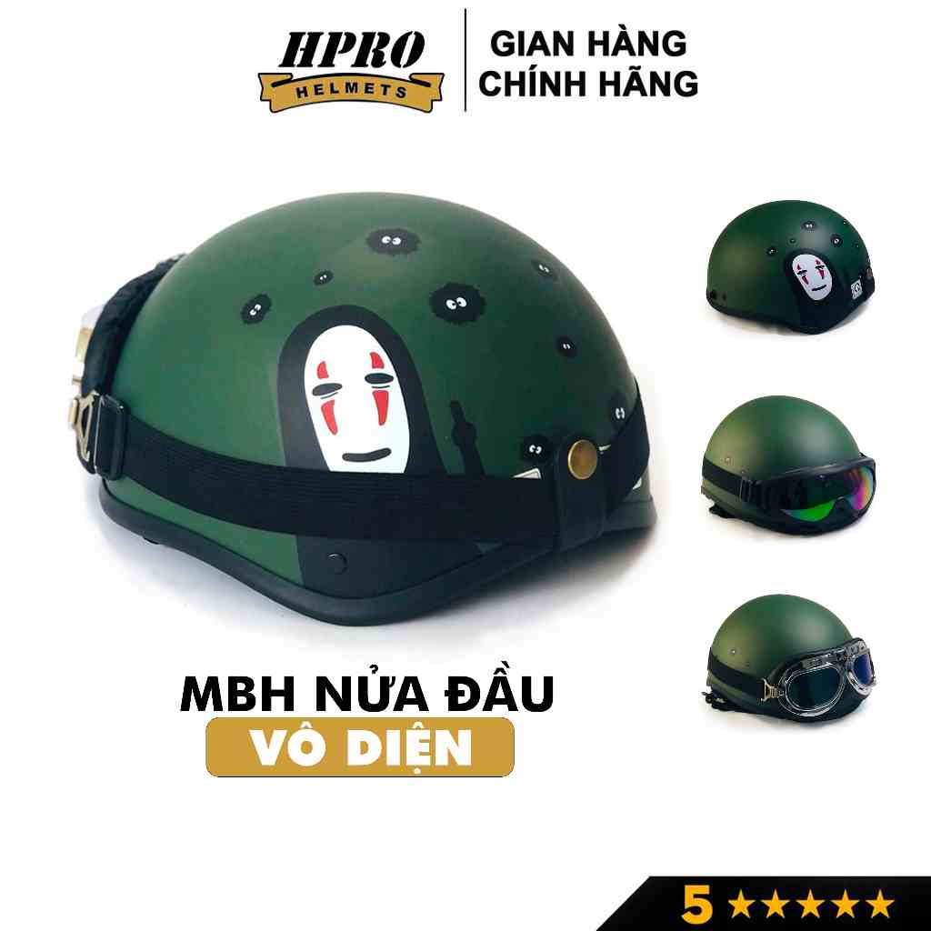 Nón bảo hiểm nửa đầu Hpro Helmet, xốp ép nhiệt, mũ thời trang 1/2 Freesize (55-59cm) tem hình Vô Diện, kèm kín