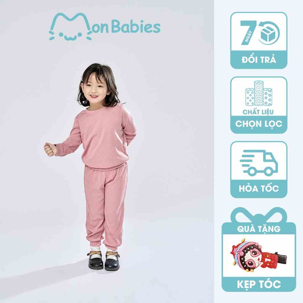 Bộ mặc nhà bé gái dài tay, bộ nỉ bé gái chất liệu thun gân, bo đũa mềm mịn, thoáng mát MonBabies BMNGL22W021