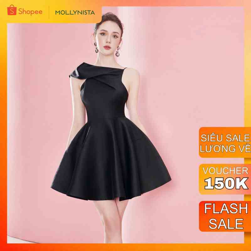 MOLLYNISTA - Đầm taffeta xếp ly chéo góc cổ thanh lịch nữ tính thiết kế cao cấp tôn dáng