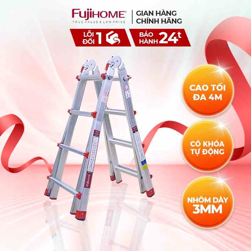 Thang nhôm gấp và rút đa năng 4 đoạn FUJIHOME ML44 cao tối đa 4m - Xếp nhiều hình dáng - Bảo hành điện tử toàn quốc