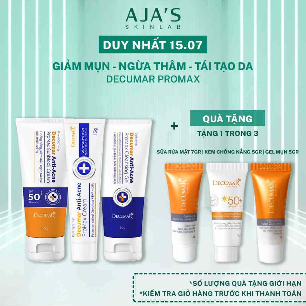 Combo giảm mụn, sáng da Decumar ProMax Anti-Acne giảm thâm, sẹo (Sữa rửa mặt 100g + Kem mụn 15g + Kem chống nắng 50g)