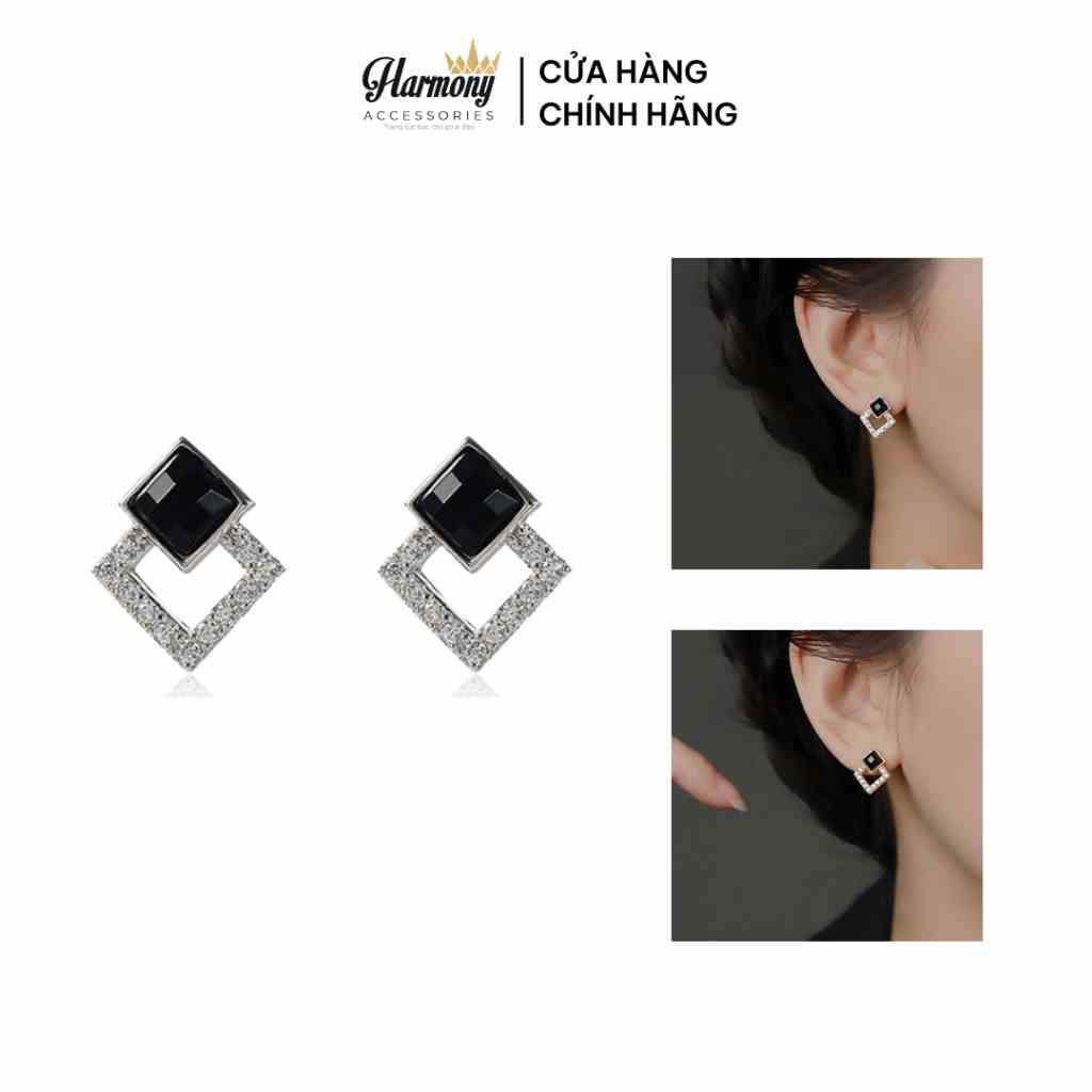 Khuyên tai bạc bông nữ vuông đen đính đá mạ vàng cá tính, sang chảnh | HARMONY ACCESSORIES K292