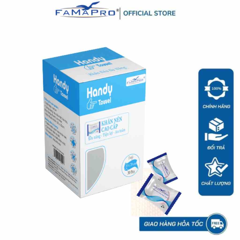 [Hộp 30 viên]Khăn nén Viên kẹo Handy Towel Famapro  đa năng 100% cotton