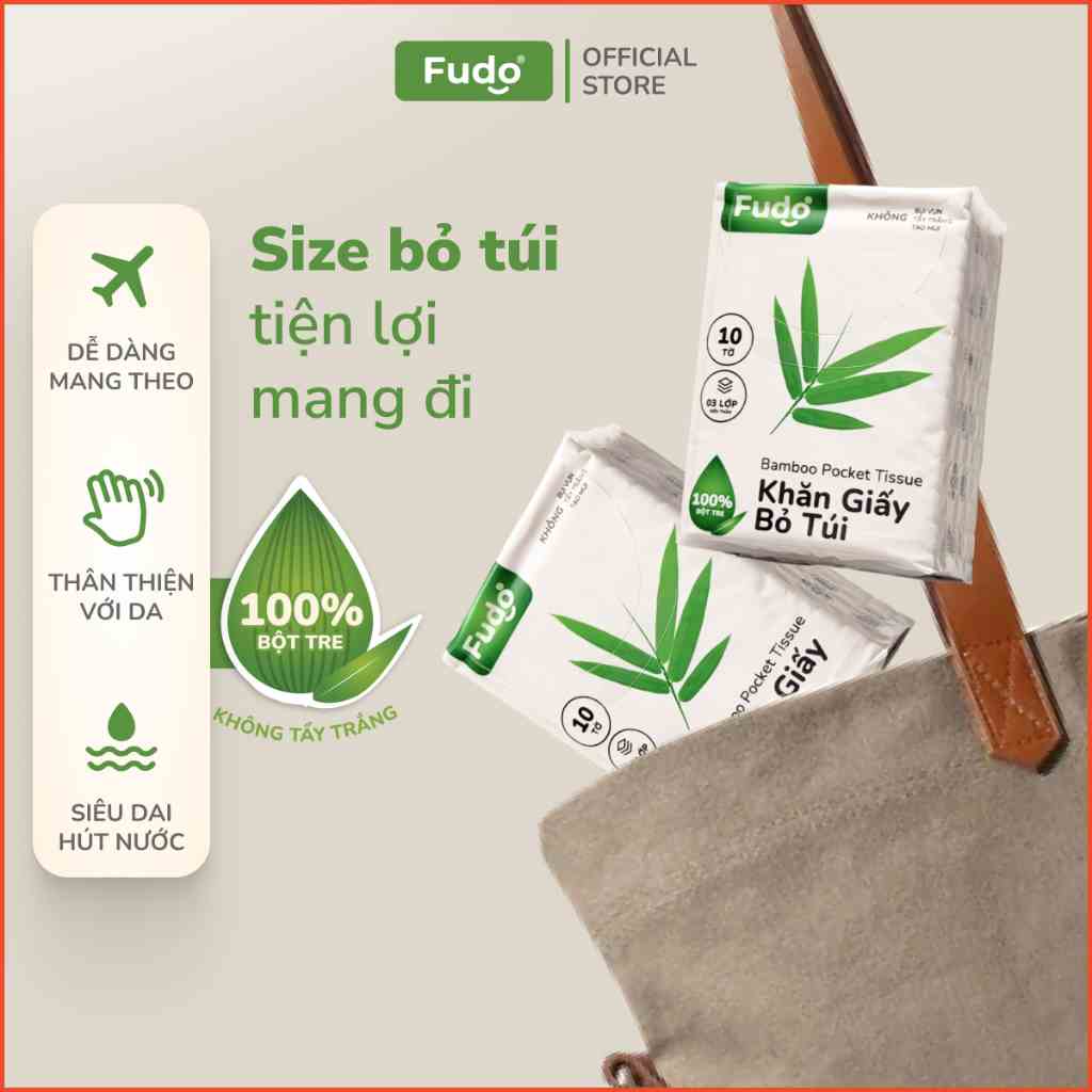 Khăn giấy bỏ túi FUDO POCKETtissue từ tre không bụi vụn, không tẩy trắng - khăn giấy mini mềm mại 3 lớp - 10 tờ