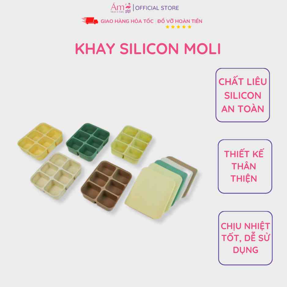 Khay Trữ Đông Moli Silicon Ấmbaby 6 Ngăn Có Nắp, Khay Trữ Đồ Ăn Dặm, Hộp Đựng Thức Ăn, Khay Làm Đá Viên Cỡ Lớn