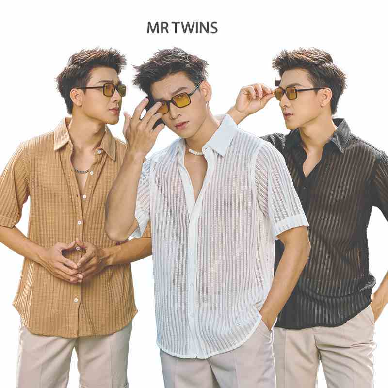 Áo Sơ Mi Nam Tay Ngắn Xuyên Thấu Màu Đen/Trắng/Nâu Vải Cotton Sợi Bông Thương Hiệu Mr Twins