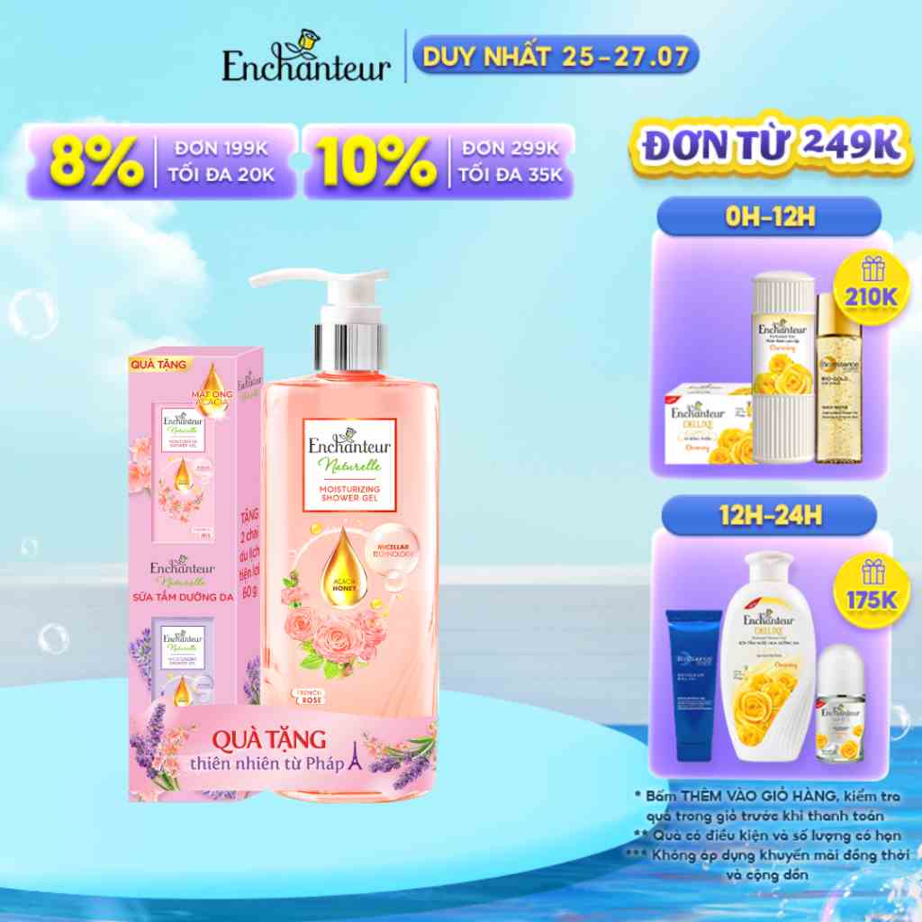 Sữa tắm dưỡng da Enchanteur Naturelle hương hoa hồng Pháp 510ml + Tặng 2 Sữa tắm Naturelle 60g (mùi ngẫu nhiên)