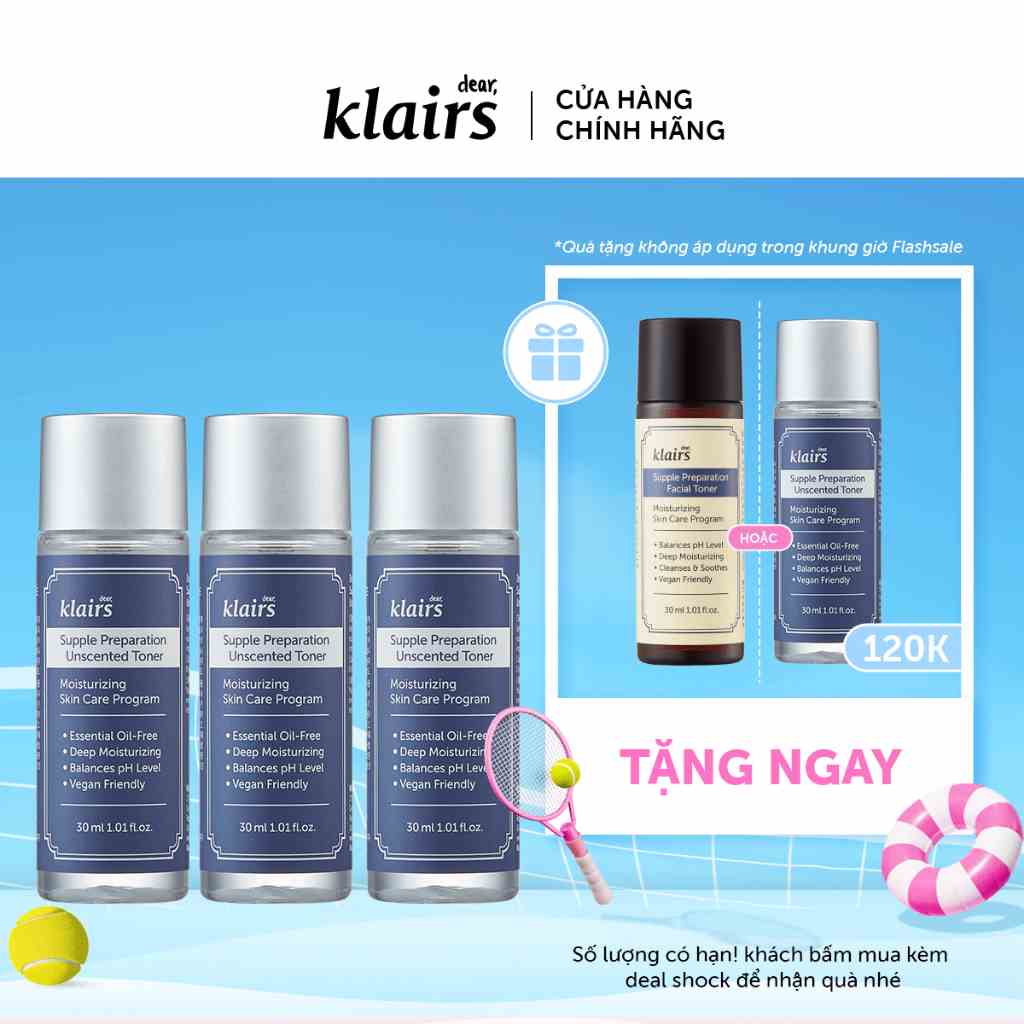 Combo 3 Dear, Klairs nước hoa hồng Supple Preparation Unscented Toner 30ml