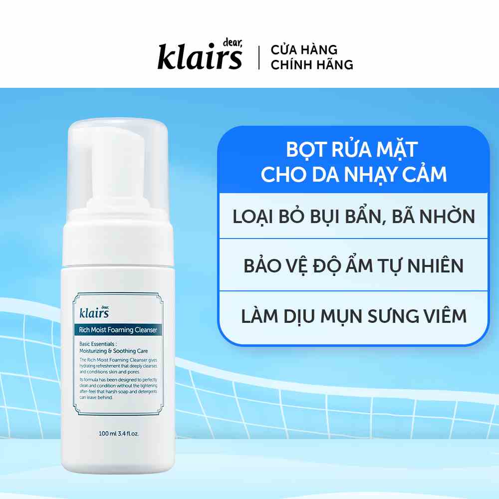 Combo Dear Klairs Rich Moist Foaming Cleanser 100ml+ar,ar,Klairs Kem chống nắng All-day Airy Sunscreen SPF50+ PA++++ 50g