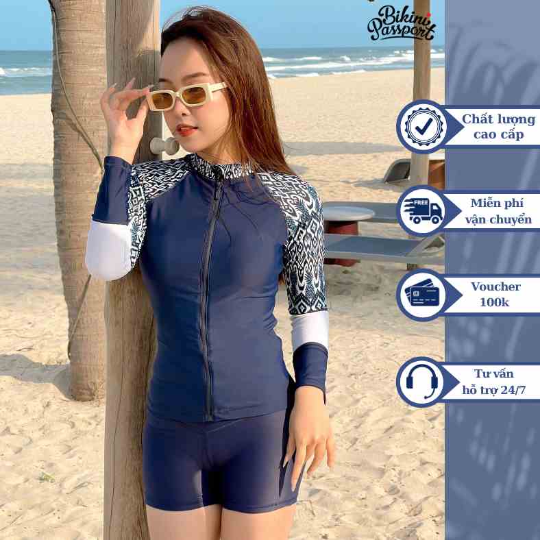 Áo bơi Nữ BIKINI PASSPORT kiểu dáng tay dài có khóa, tay phối màu - màu Xanh Navy - BS452_NV