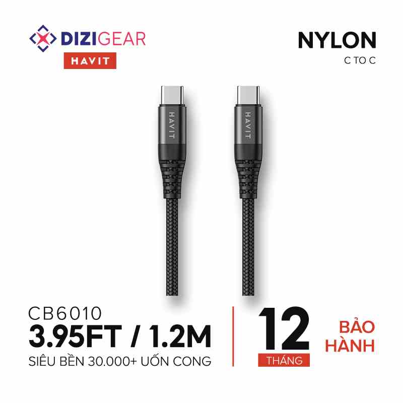 Cáp Sạc C to C HAVIT CB6010 Độ Dài 1.2m, Sạc Và Truyền Dữ Liệu Đến 60W, Bện Nylon Cao Cấp - Hàng Chính Hãng (Đen)