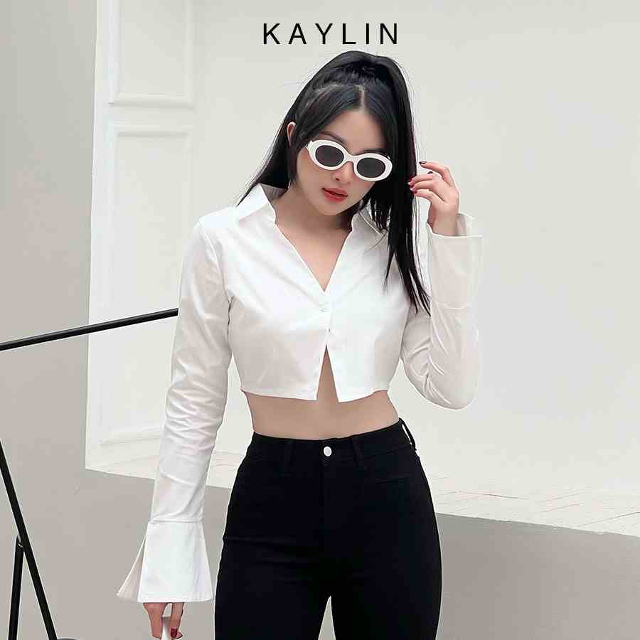 Áo sơ-mi croptop trơn phối tay loe phong cách KAYLIN - N2001