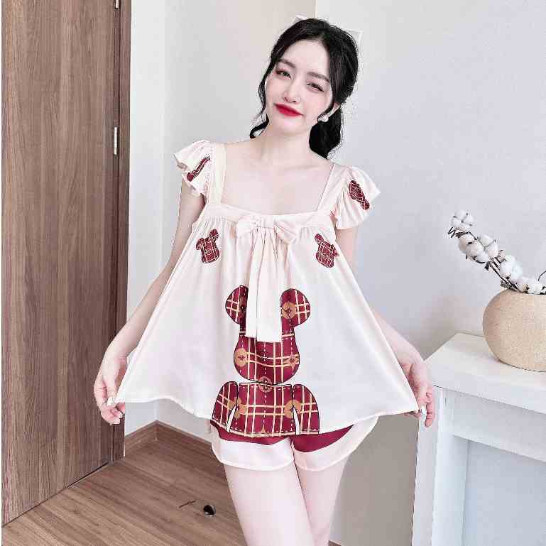 Đồ mặc nhà nữ SOJUN Bộ Đùi 2 Dây Ren In Hình 3D size  50-75 kg