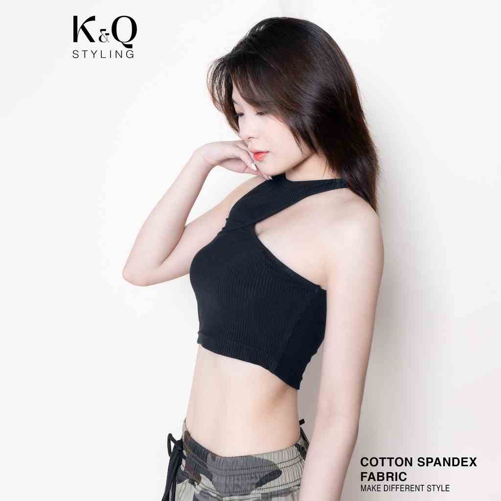 Áo thun croptop xéo ngực KQSTYLING cotton 100% ôm body freesize