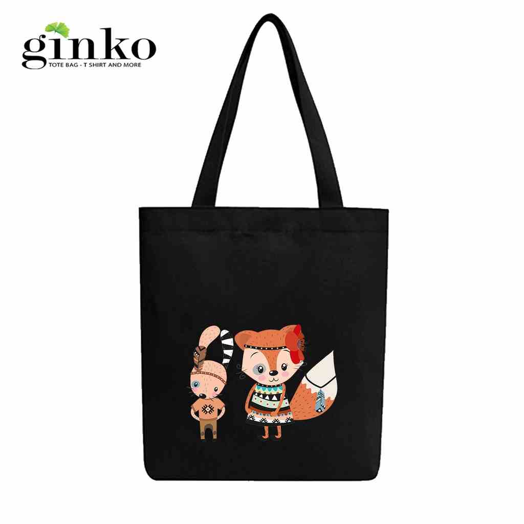 Túi Tote Vải Canvas GINKO Kiểu Basic có dây kéo khóa (có túi con) In Hình Cute Tribal Rabbit Fox On GK04