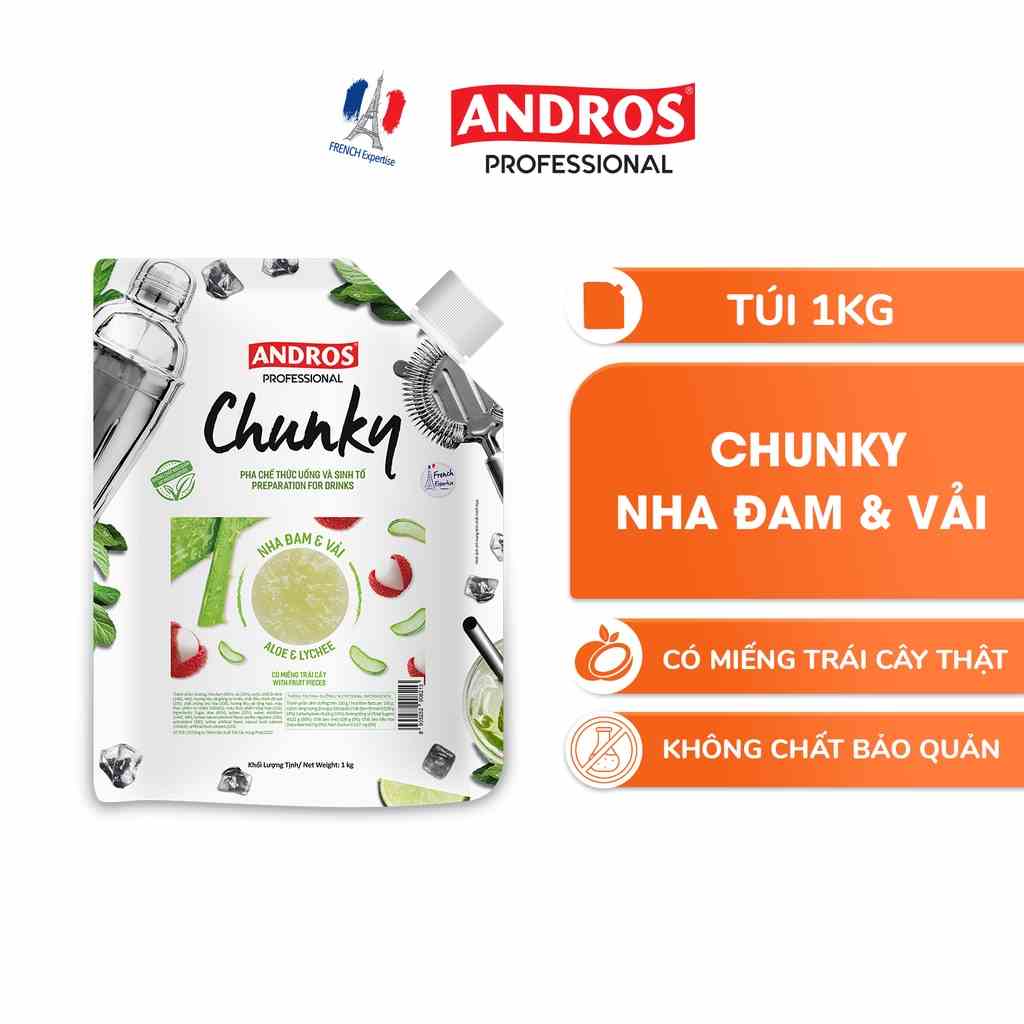 Mứt Trái Cây Pha Chế Nha Đam & Vải - Có miếng trái cây thật - ANDROS CHUNKY - 1kg