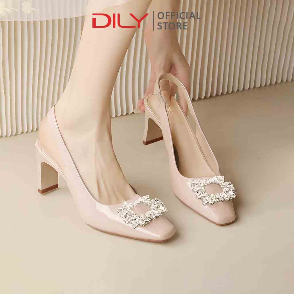 Giày cao gót bít mũi nữ DILY dáng Slingback quai gắn khóa kim loại thời trang mũi vuông 7cm_AA0369