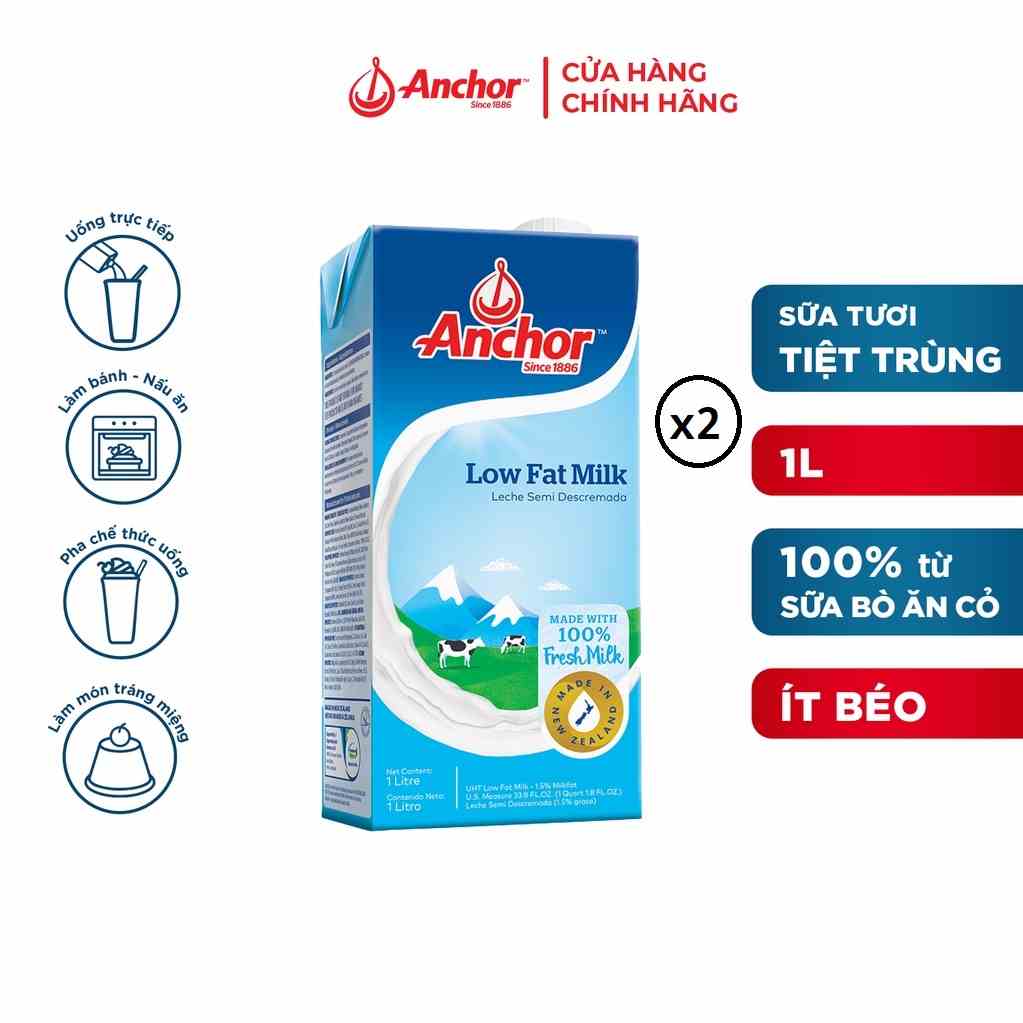 Combo 2 hộp Sữa tươi tiệt trùng ít béo Anchor hộp 1 lít