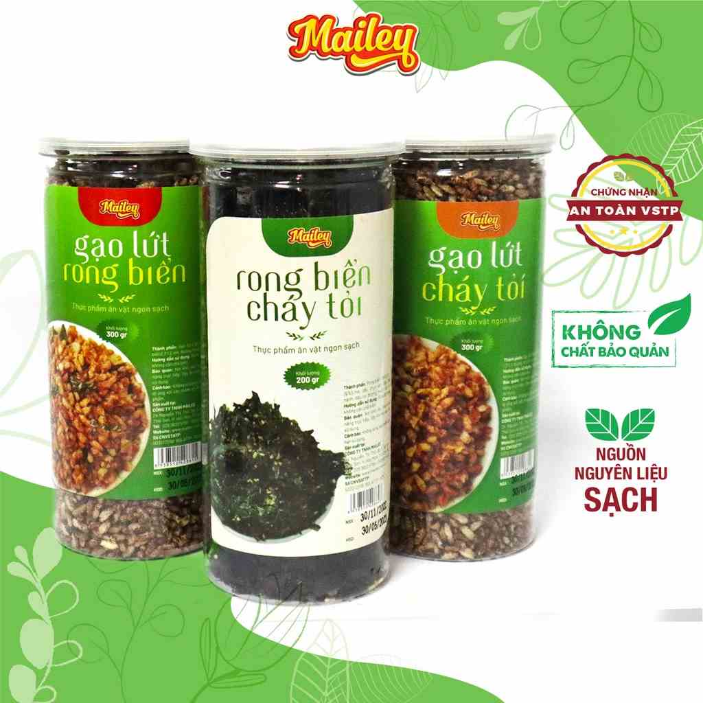 Combo ăn vặt Mailey rong biển cháy tỏi 200g, gạo lứt sấy cháy tỏi 300g và gạo lứt sấy rong biển 300g giảm cân