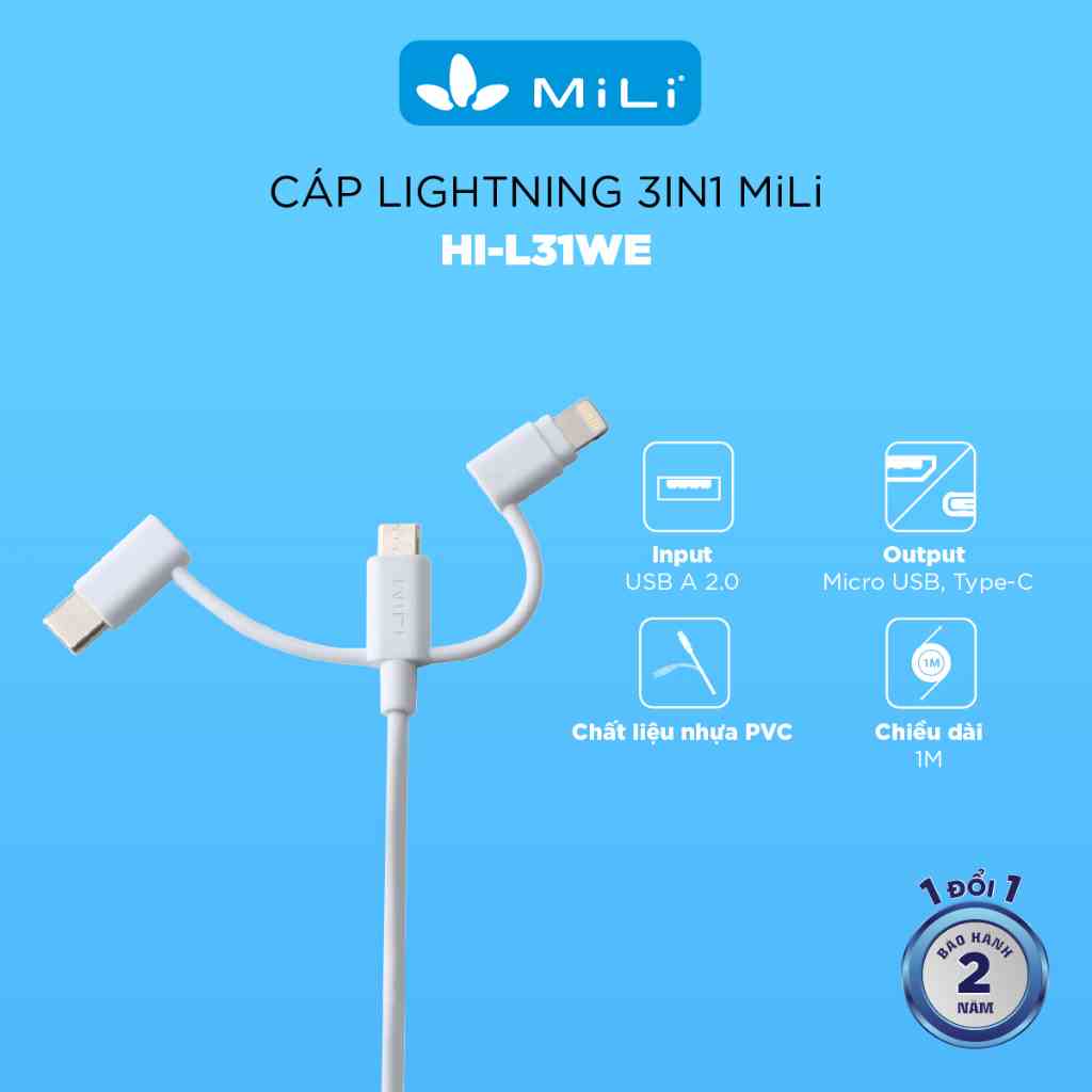 [Mã BMLTA35 giảm đến 35K đơn 99K] Cáp sạc 3in1 MiLi - HI-L31 , L - USB - type C, màu trắng