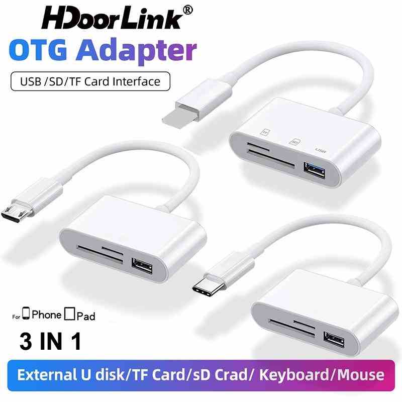 Đầu đọc thẻ nhớ HDOORLINK SD/TF/USB 3 trong 1 có cáp Type-C/Micro USB/iPhone sang SD cao cấp thích hợp cho iPad HUAWEI