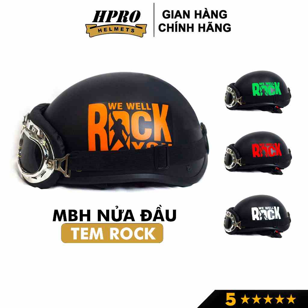 Mũ bảo hiểm 1/2 đầu Hpro Helmet thời trang, Tem hình ROCK cá tính, Freesize (55-59cm) kèm kính UV, phi công