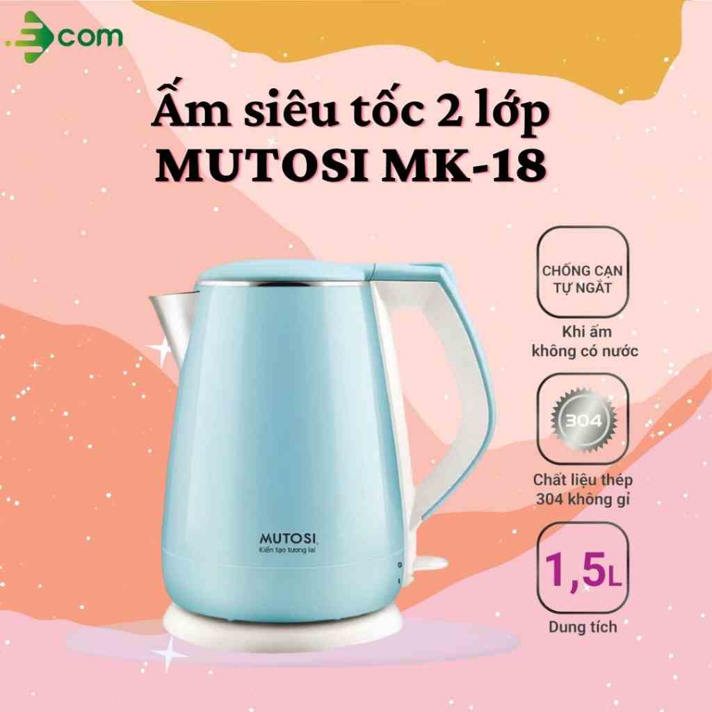 Ấm siêu tốc Mutosi đun nước siêu tốc 5 phút, cách nhiệt 2 lớp thép không gỉ, dung tích 1,7L - Hàng Chính Hãng