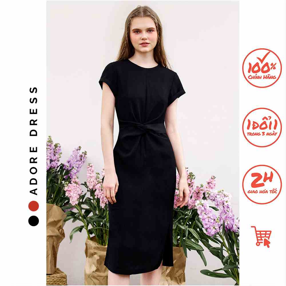 Đầm midi dress lụa đen vặn eo 3ASDR2051 ADORE DRESS