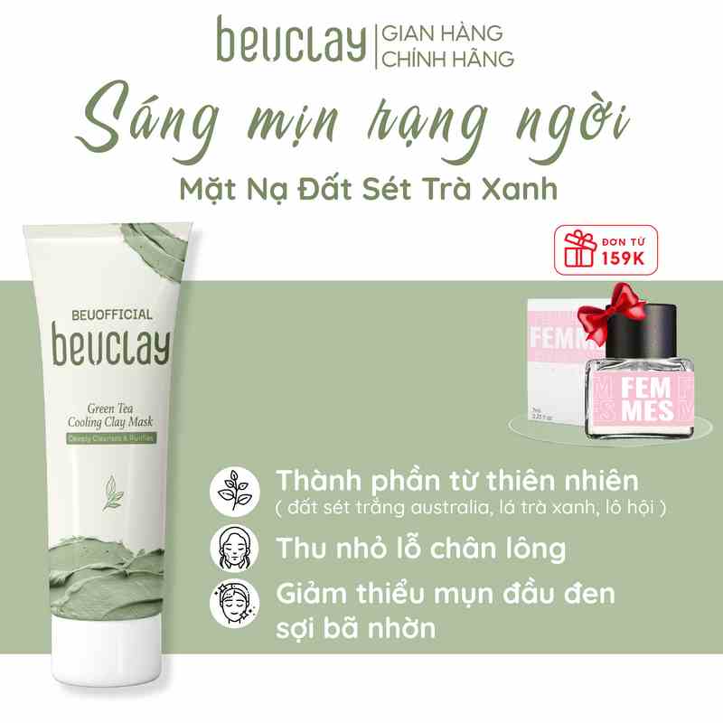 Mặt nạ bùn đất sét BEUCLAY trà xanh sáng da, se khít lỗ chân lông, kiểm soát dầu, ngăn ngừa mụn cám mụn đầu đen