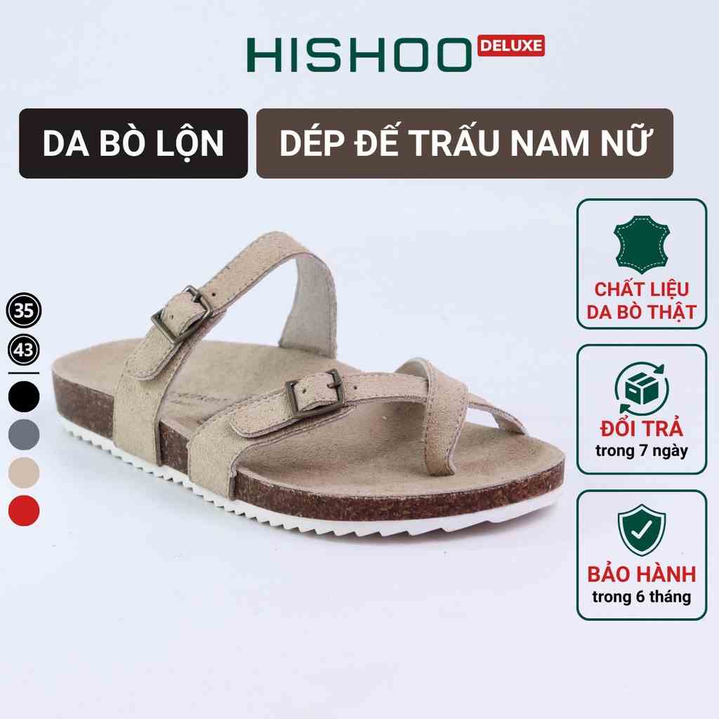 Dép đế trấu birken nam nữ bigsize 35 - 43 da lộn unisex xỏ ngón 2 khóa chính hãng Hishoo R098