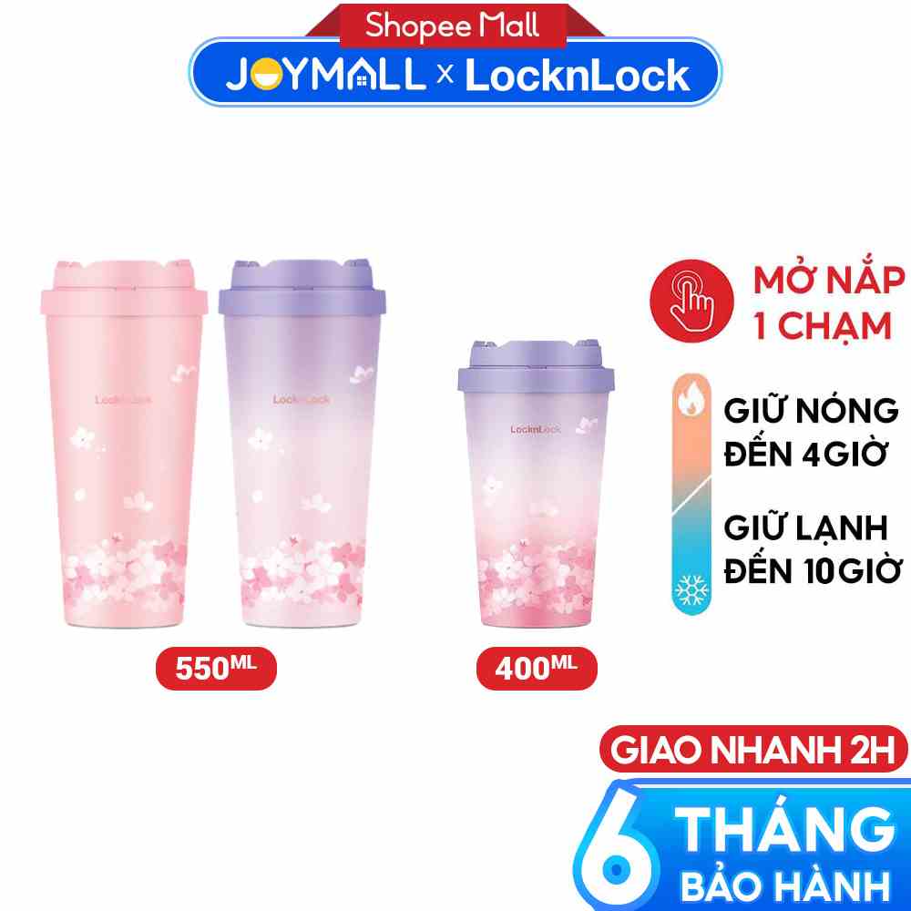 Ly giữ nhiệt LocknLock 550ml LHC3249 Hoa anh đào - Hàng chính hãng mở nắp 1 chạm, chất liệu thép không gỉ- JoyMall