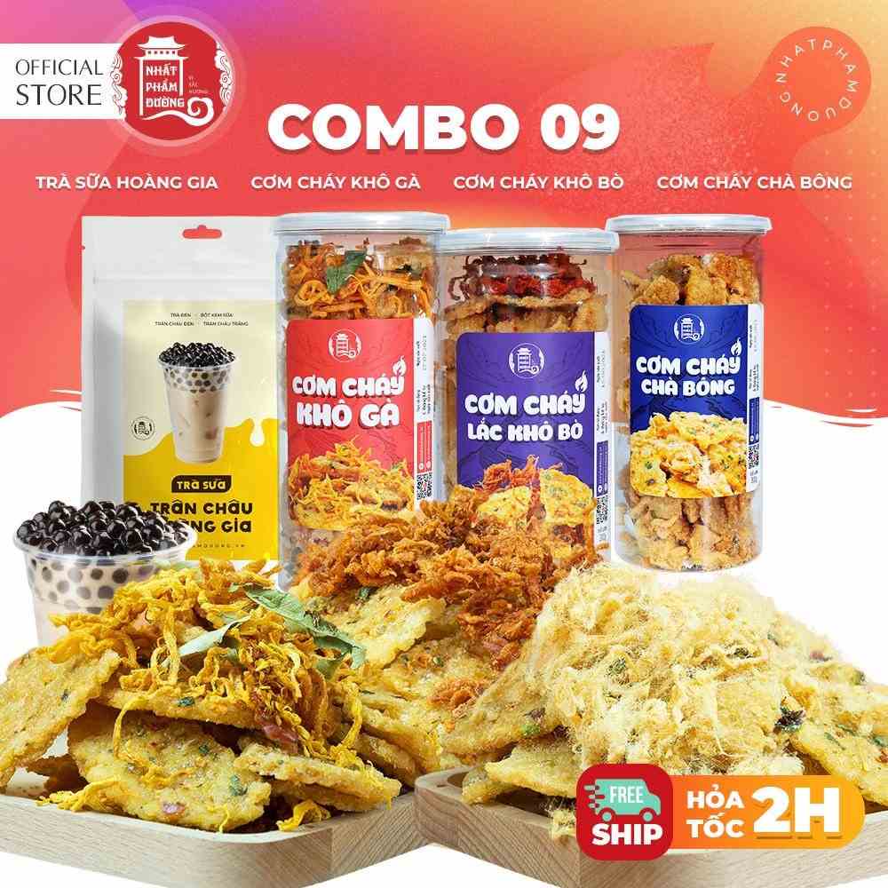 Combo trà sữa hoàng gia + cơm cháy khô gà + bò + chà bông đồ ăn vặt Nhất Phẩm Đường