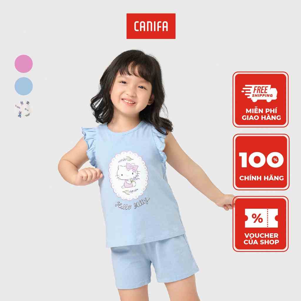 Bộ quần áo bé gái CANIFA chất liệu cotton áo cổ tròn tay cánh tiên, quần soóc cạp chun 1LS23S006