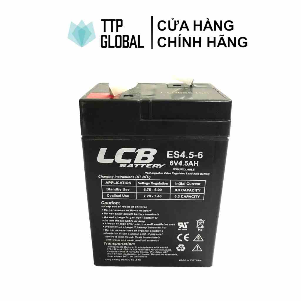 Acquy 6V 4.5Ah thương hiệu LCB cho quạt tích điện, acquy xe điện trẻ em, đèn sạc, quạt sạc, UPS, báo cháy, an ninh