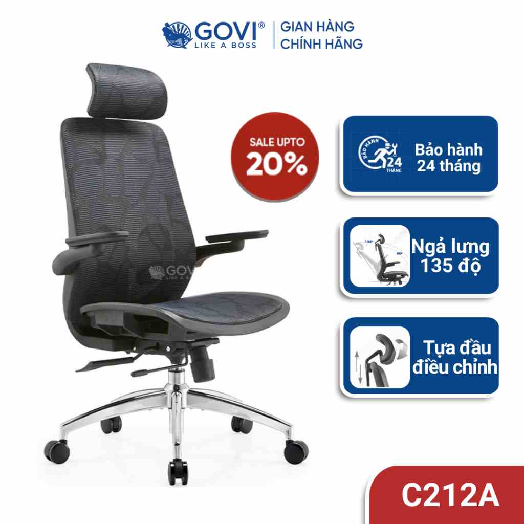 Ghế công thái học Ergonomic GOVI Como C212A - Tựa đầu điều chỉnh độ cao, lưng và đệm bọc vải lưới 3D, thiết kế tinh tế