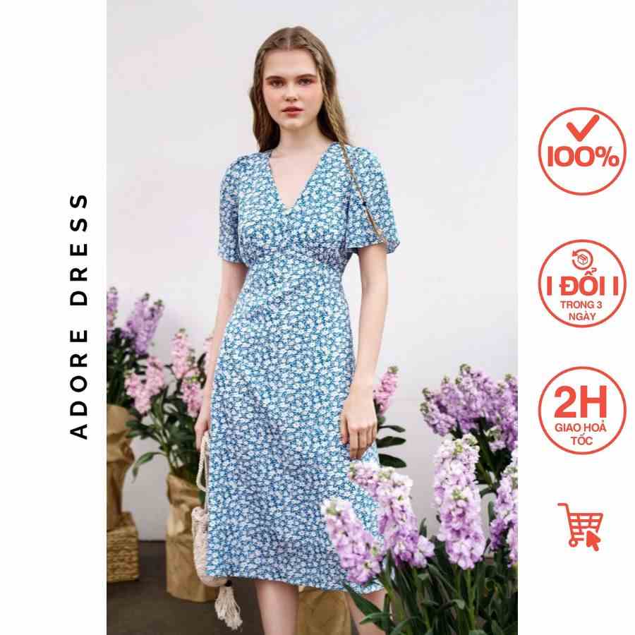 Đầm Midi dresses lụa hoa nhí xanh thiên thanh 311DR2041  ADORE DRESS