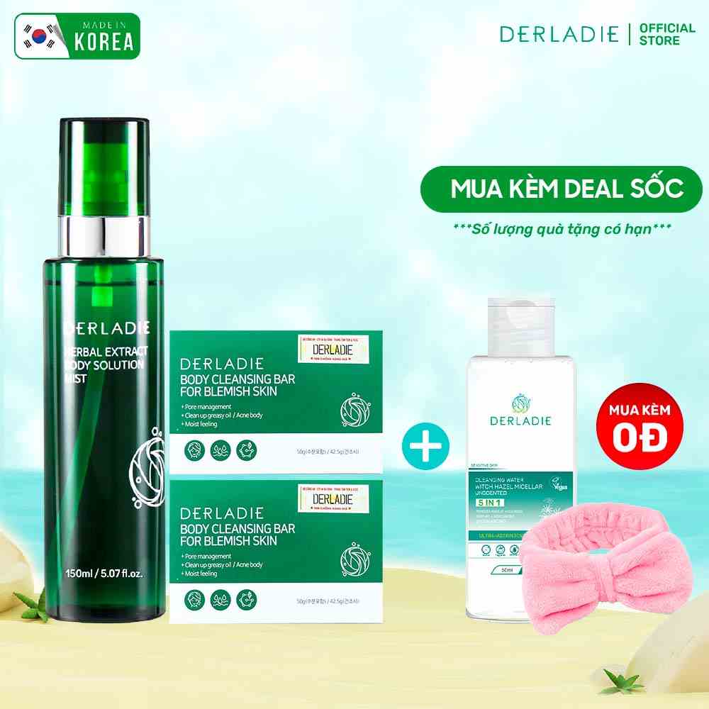 Combo Giảm Mụn, Mờ Thâm, Giảm Viêm Nang Lông Derladie Herbal Extract 1 Xịt Body 150ml + 2 Xà phòng 50g